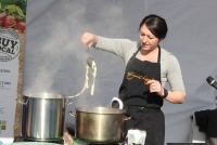 Bek McMillan, of Gourmet Living, showed how to cook a quick and easy delicious pasta using only locally-produced products from the market's stallholders.